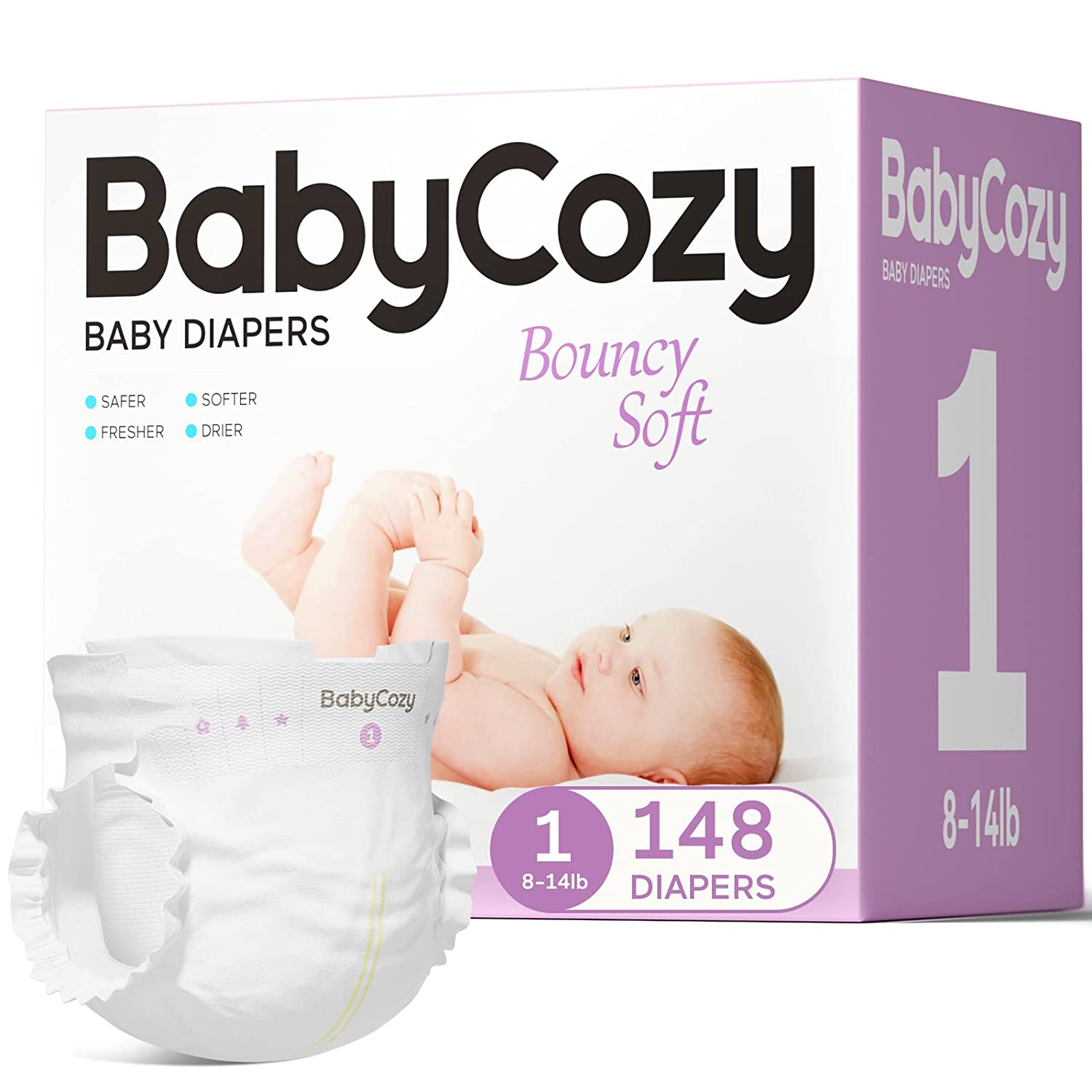 251102114409435_1 Newborn Diapers for Baby's Sensitive Skin Size 1(8-14lb) 82 Count,Babycozy Bouncy Soft Diapers Fit Baby Preemie, Dry Disposable Diapers Hypoallergenic Without Chlorine - Image 1